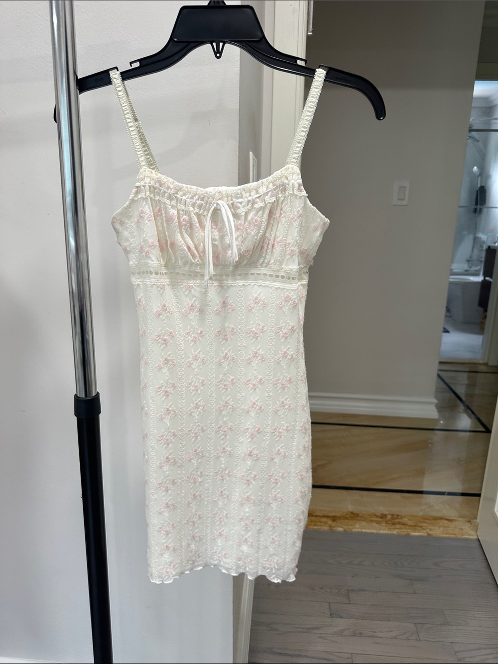 Garage Cream Mini Dress with Pink Embroidered Flowers